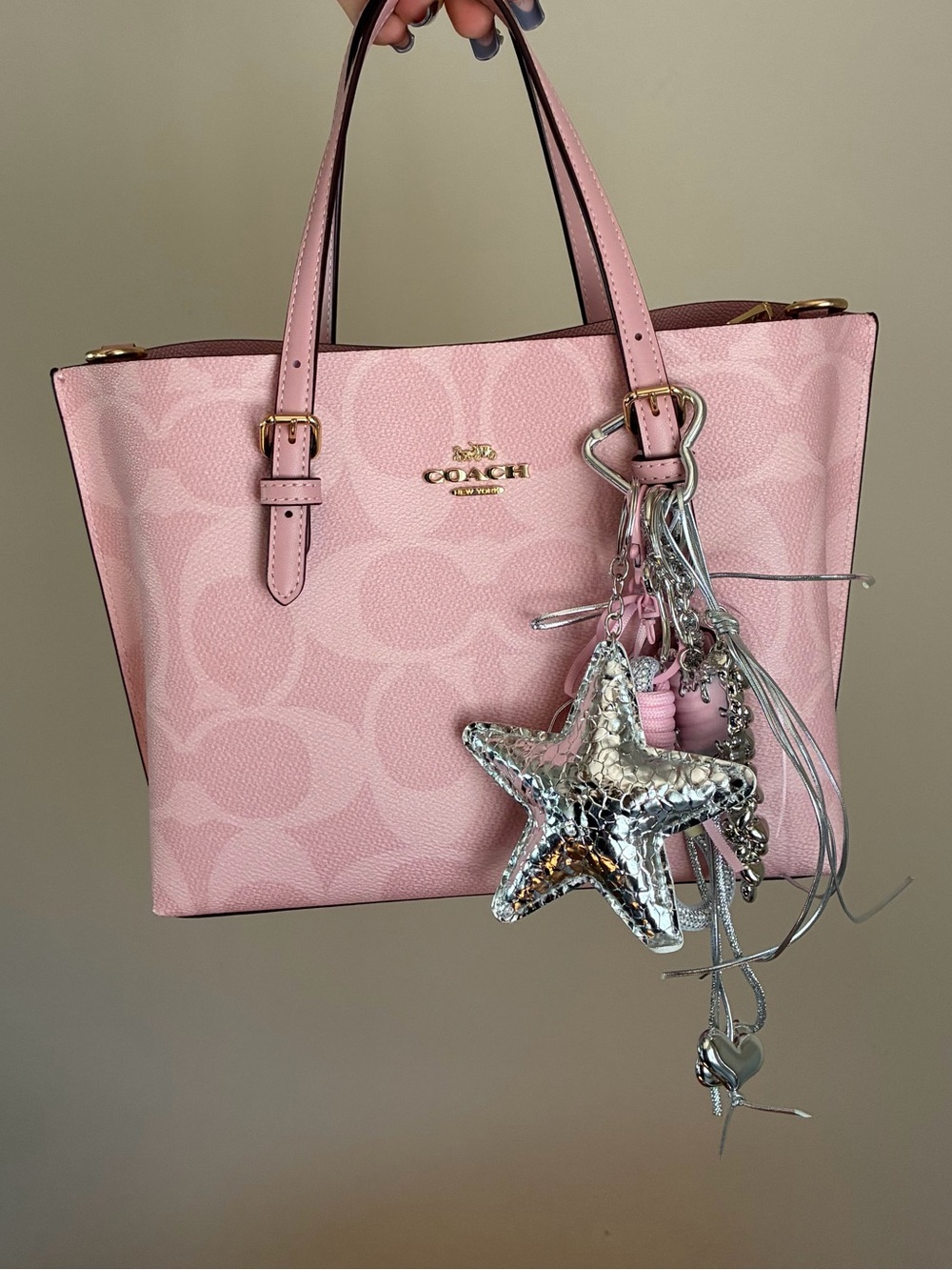 Silver Star and Heart Keychain Charm with Pink Accent
